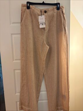Zara Linen Pants Hi Rise Wide Leg Khaki (L) NWT